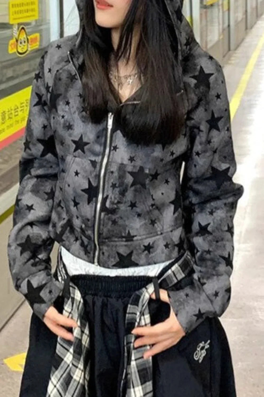 Street Style Star Print Zip-Up Hoodie