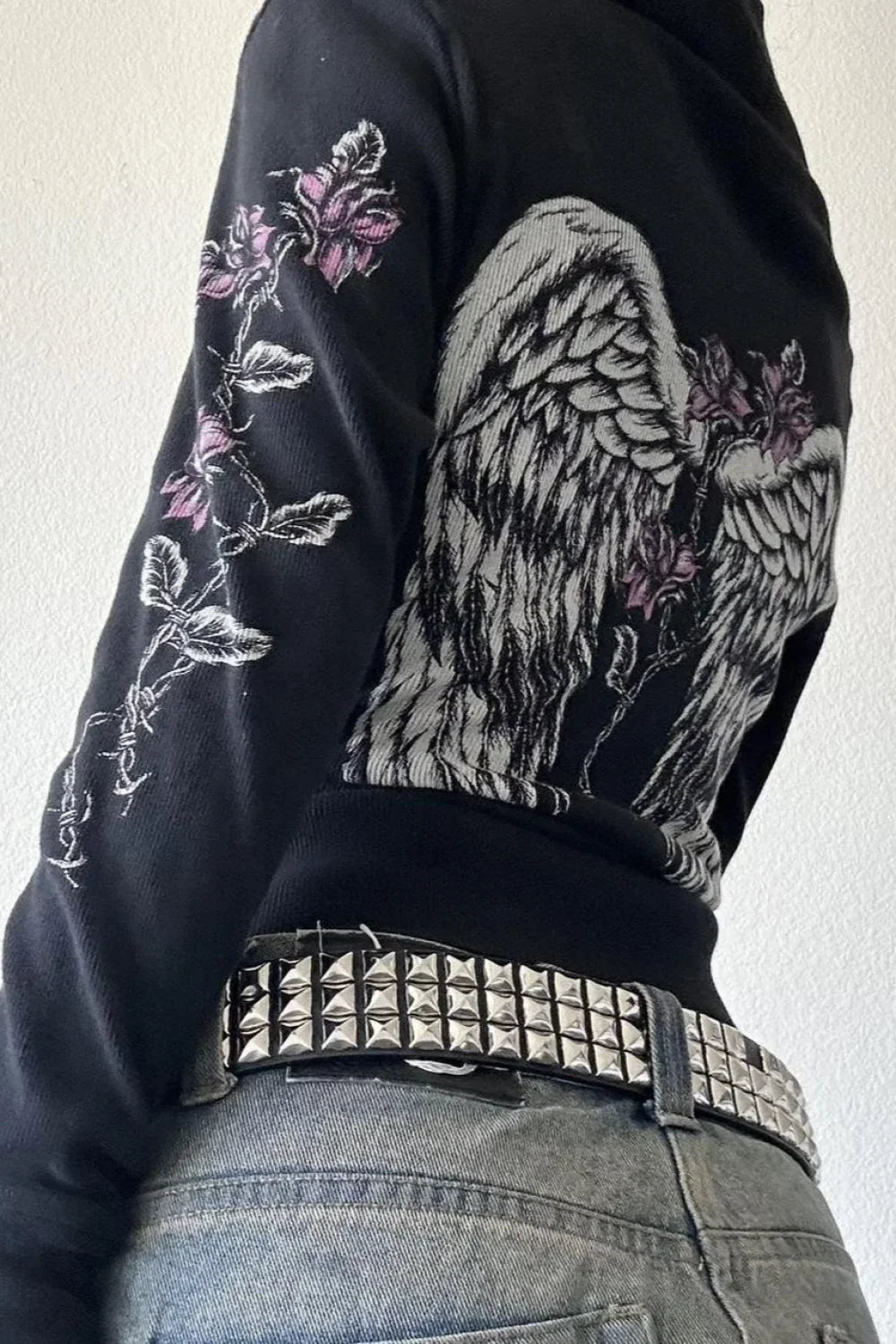 Street Style Wing Print Hoodie Black / XS
