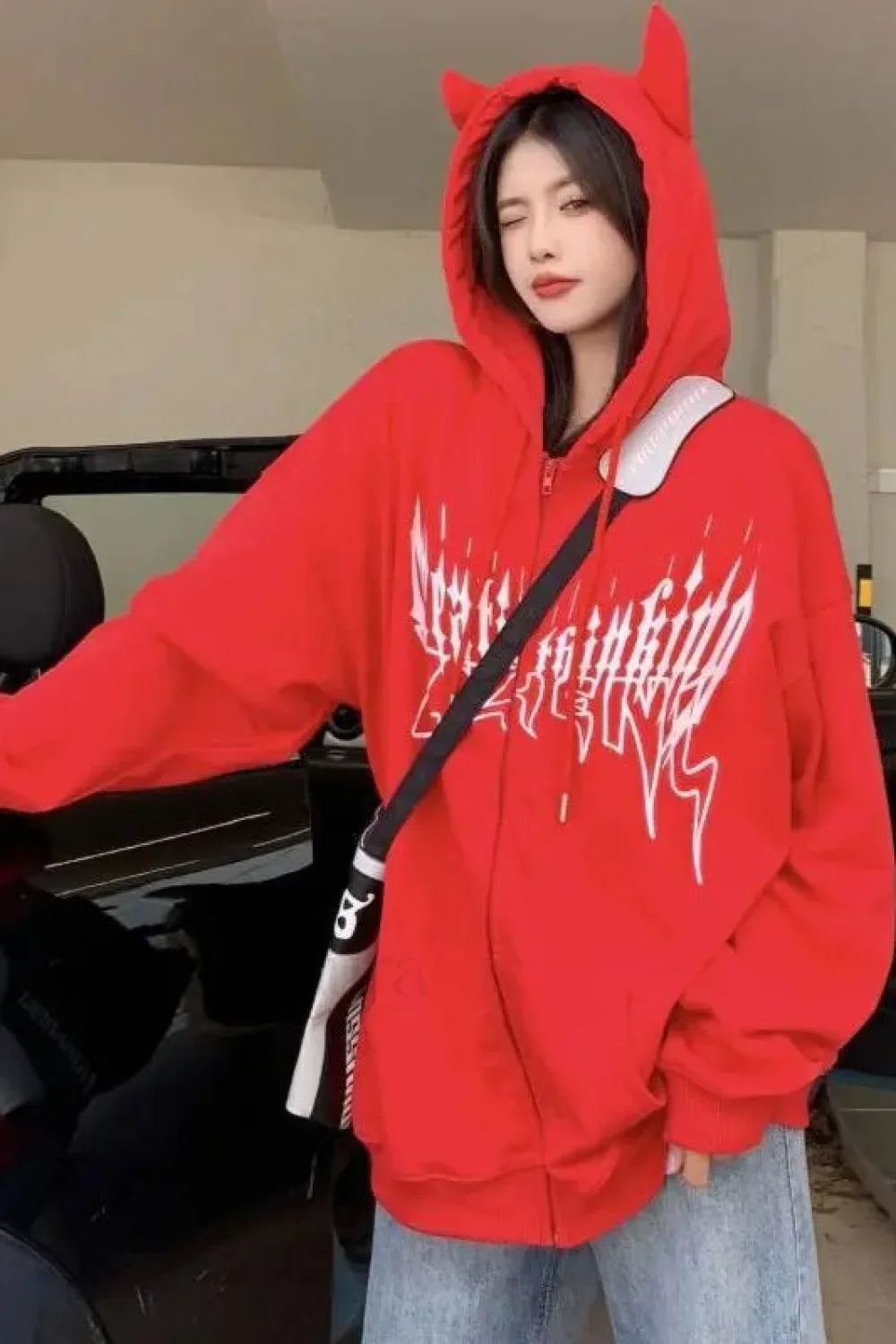 Streetwear Harajuku Hooded Zipper Hoodie Red / L