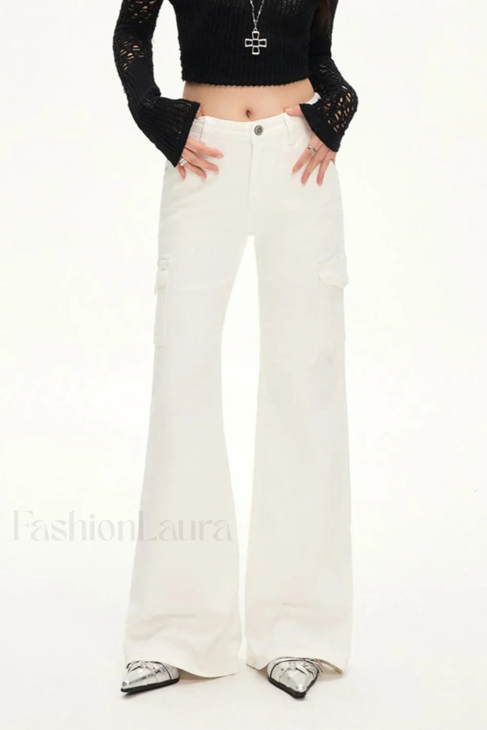 Stretch Slim Fit White Cargo Jeans