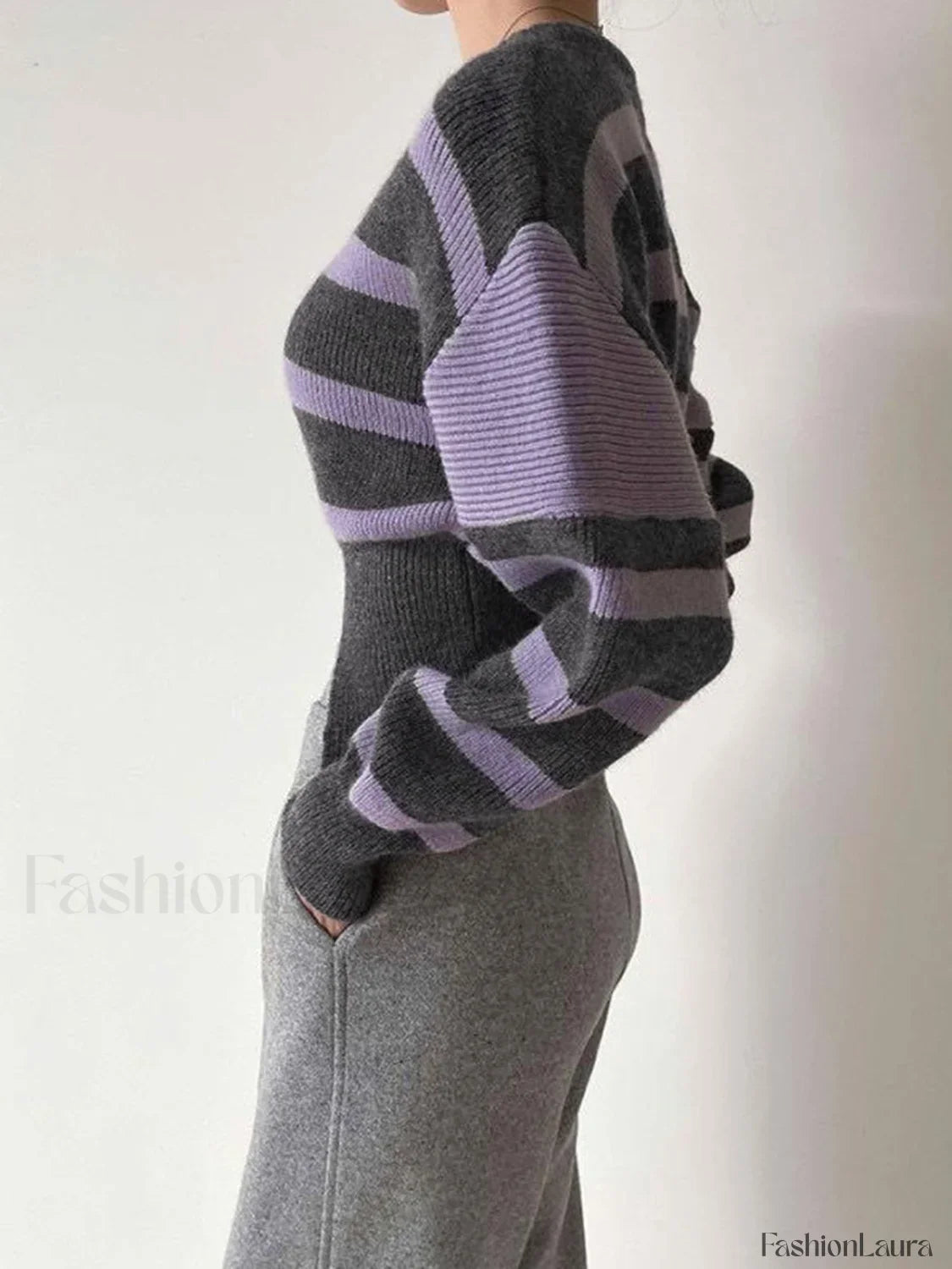Stripe Asymmetric Graceful Notched Crop Sweater