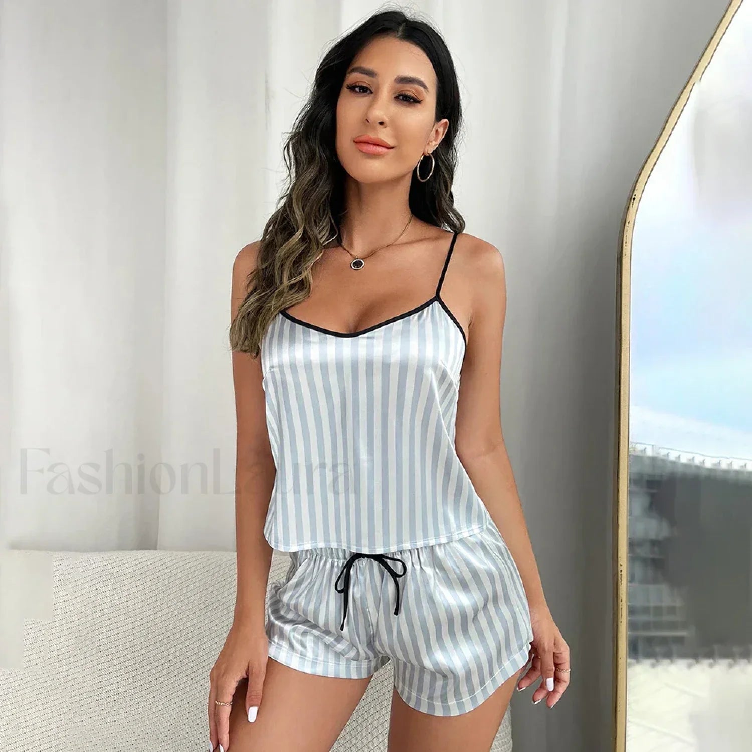Stripe Silk Satin Cami Shorts Two Piece Set