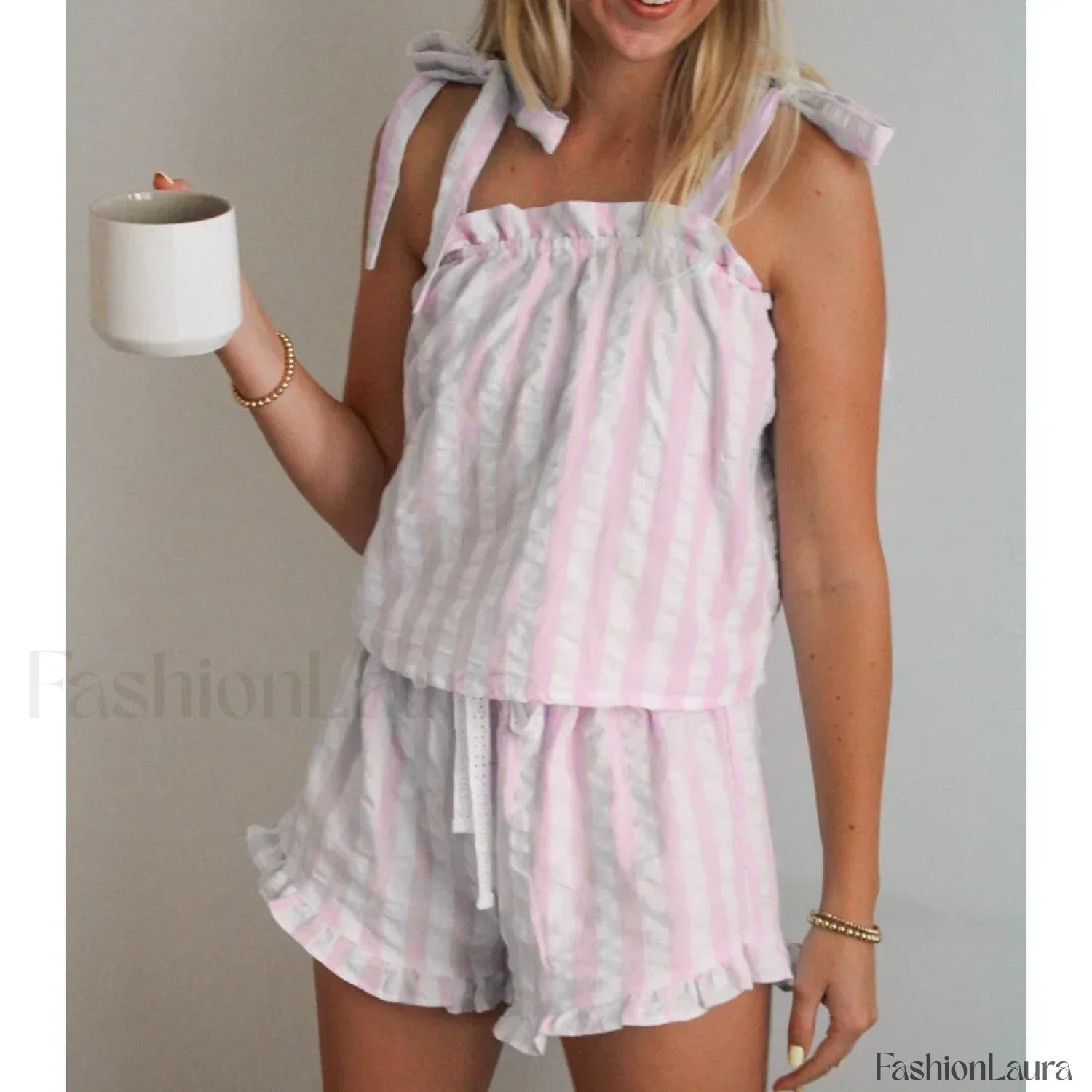 Striped Bow Ruffle Shorts Two Piece Set