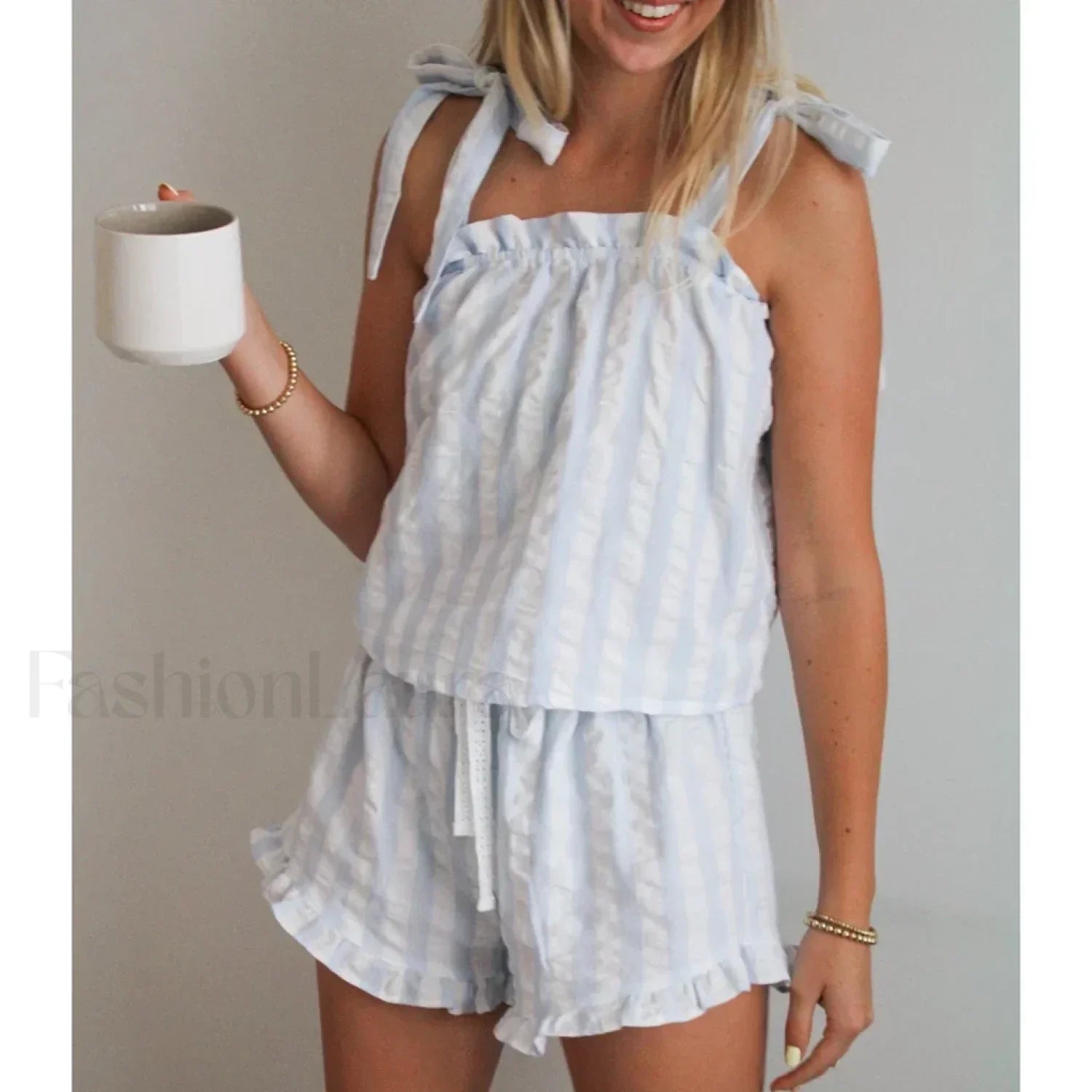 Striped Bow Ruffle Shorts Two Piece Set