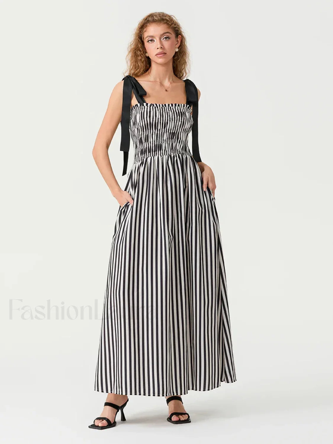 Striped Bow Shirred Maxi Dress