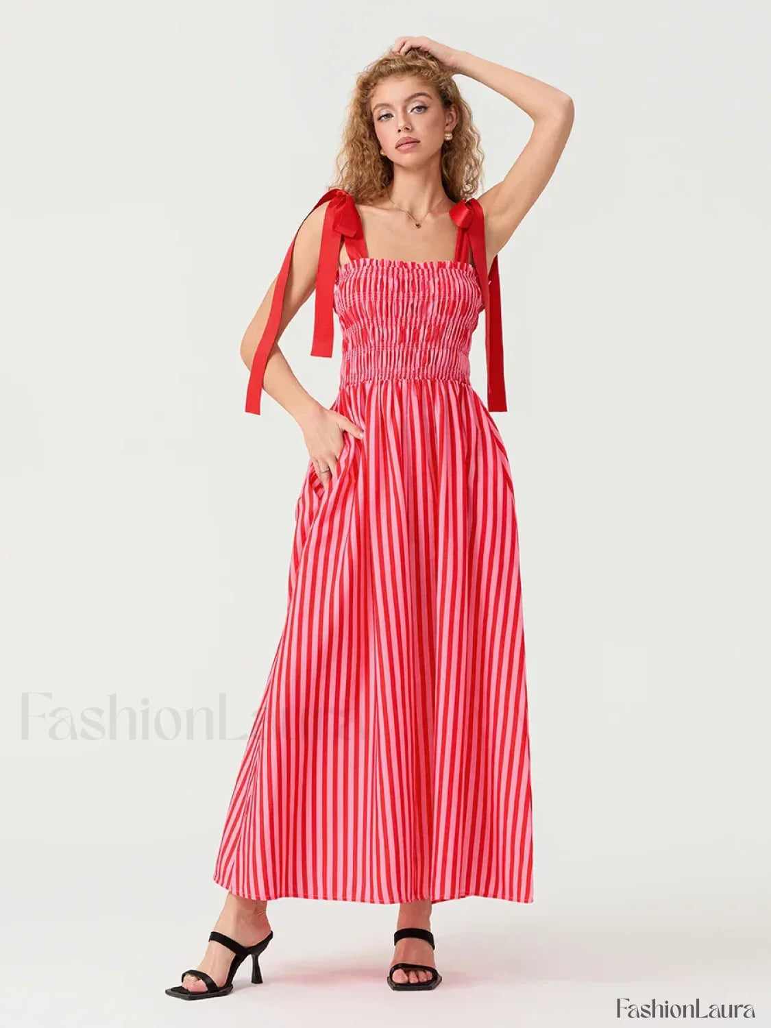 Striped Bow Shirred Maxi Dress