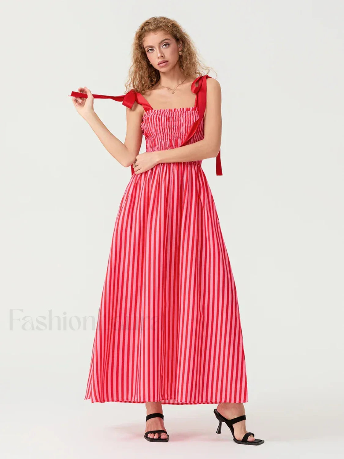 Striped Bow Shirred Maxi Dress