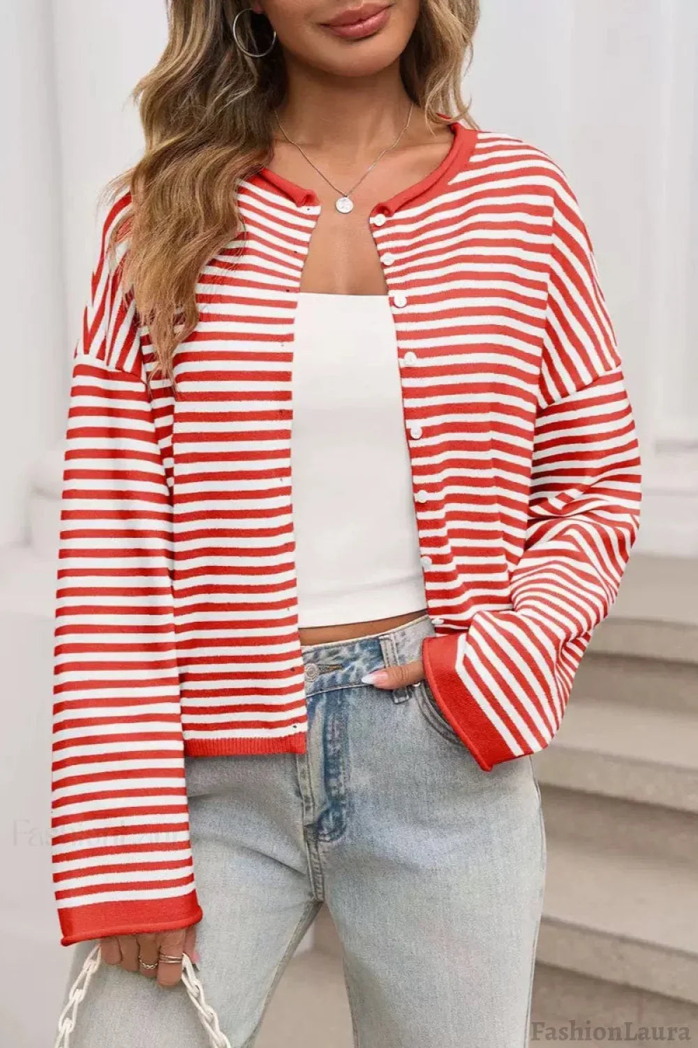 Striped Color Block Cardigan S / Red