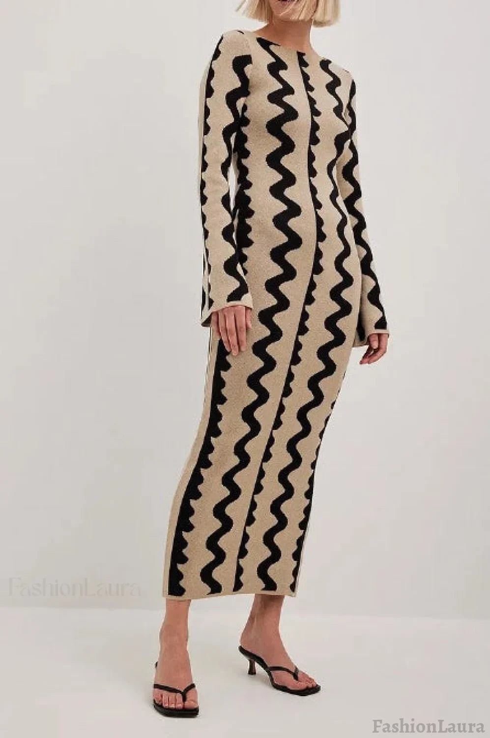 Striped Contrast Slim Knit Sweater Dress Brown / One Size