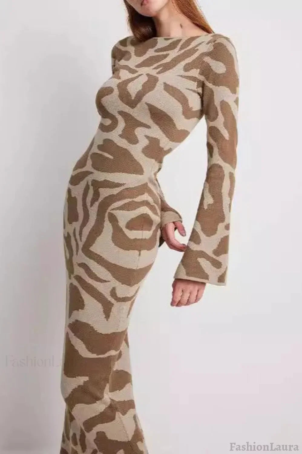 Striped Contrast Slim Knit Sweater Dress Khaki / One Size