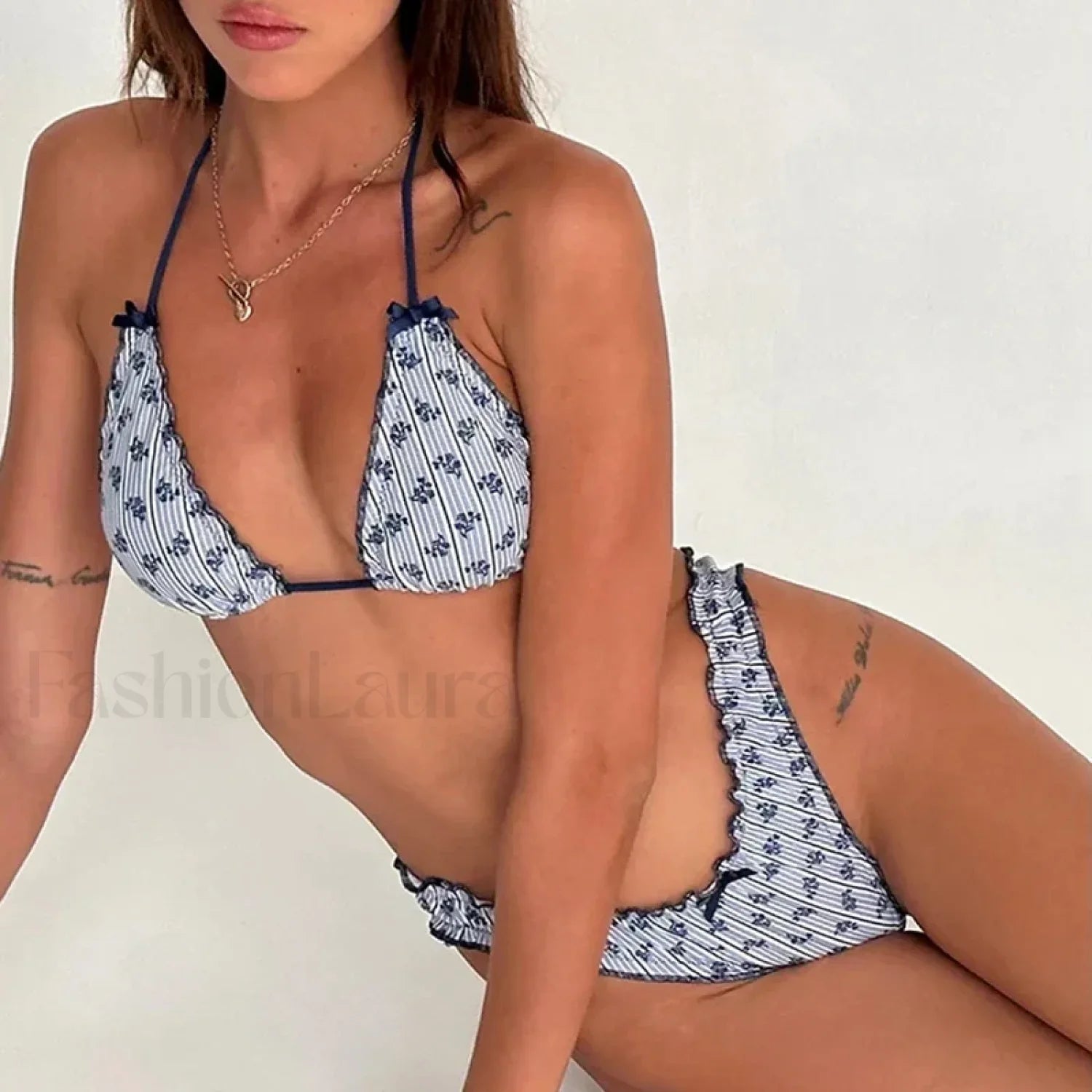 Striped High Waist Halter Bikini Set