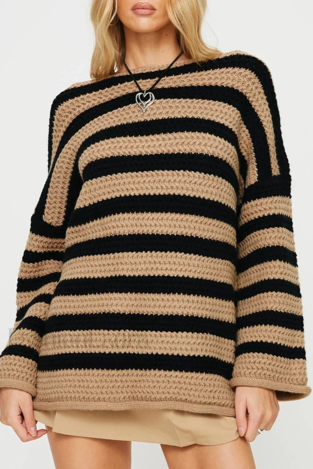 Striped Knit Casual Loose Sweater Khaki / S