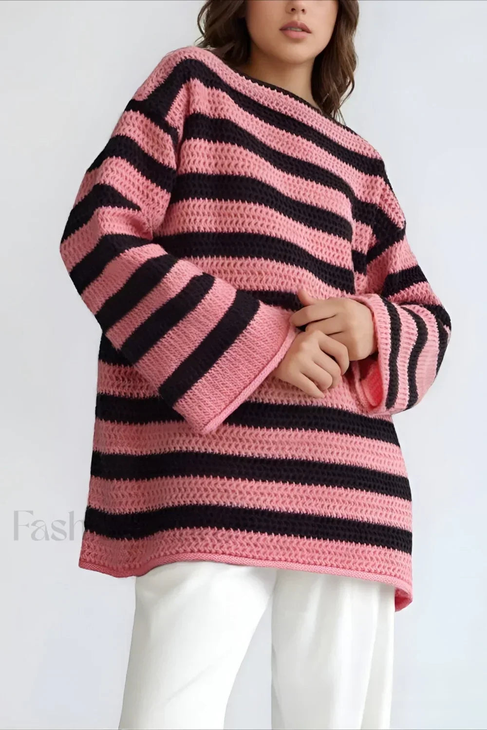 Striped Knit Casual Loose Sweater Pink / S