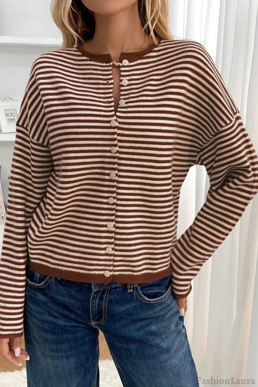 Striped Knit Round Neck Cardigan