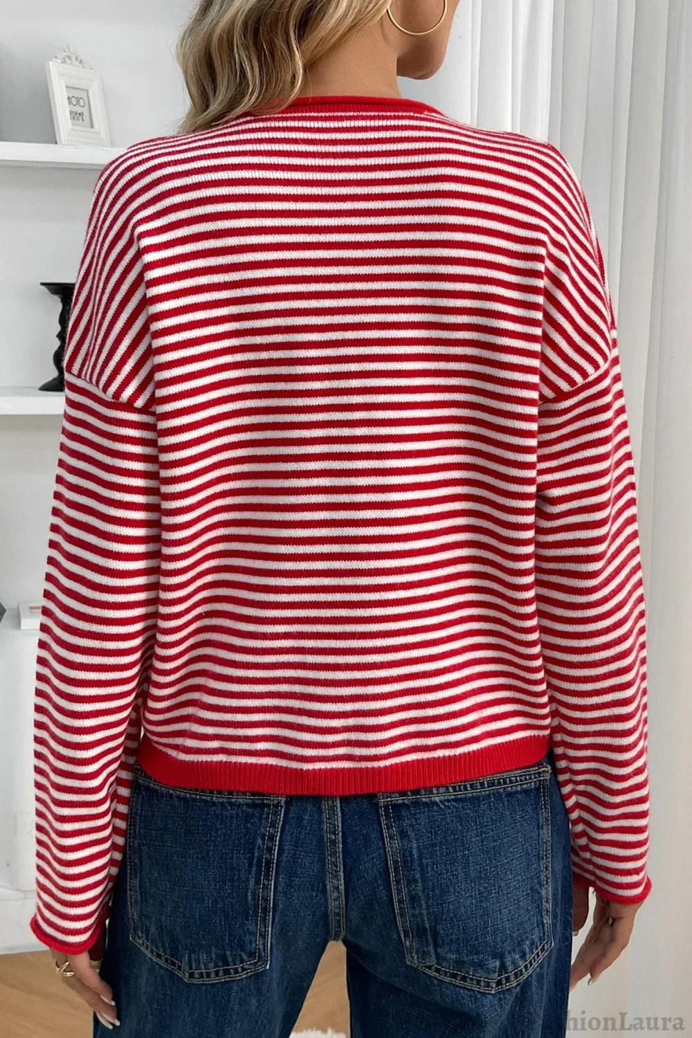 Striped Knit Round Neck Cardigan
