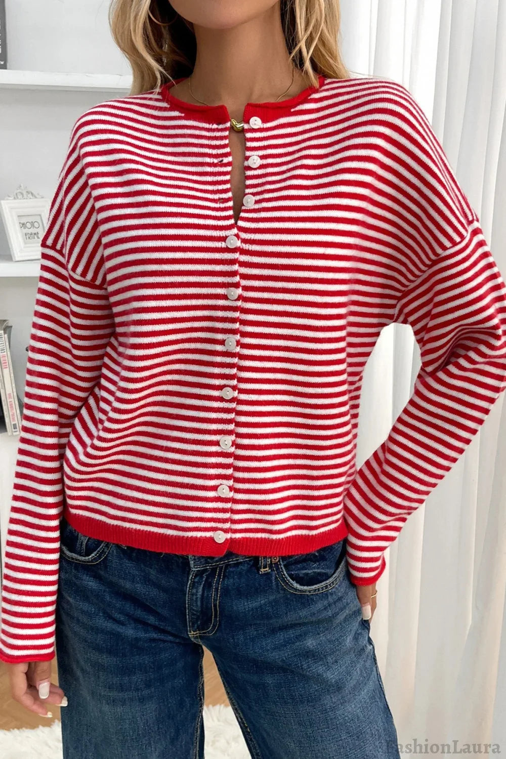 Striped Knit Round Neck Cardigan S / Red