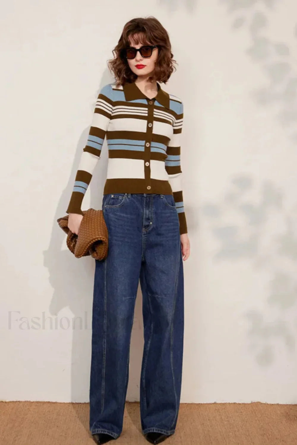 Striped Knit Turn-down Collar Cardigan