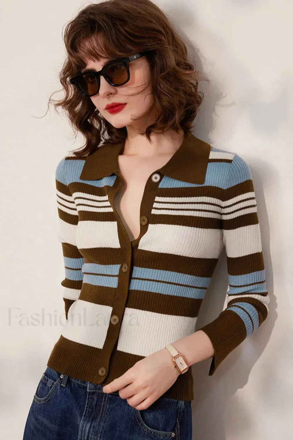 Striped Knit Turn-down Collar Cardigan