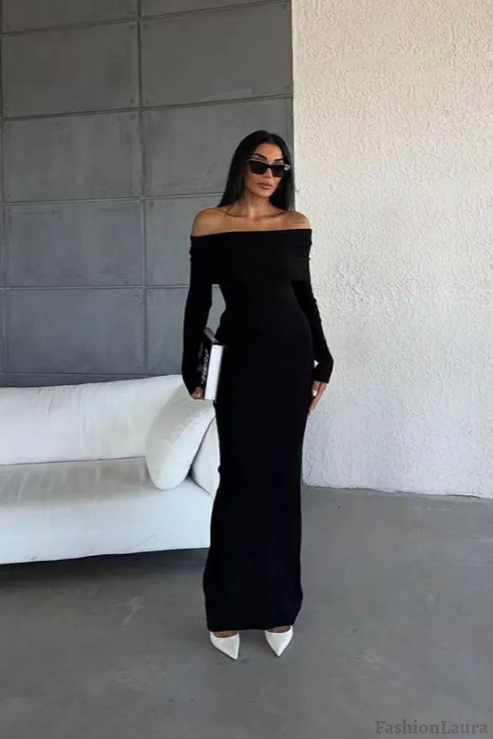 Striped Off Shoulder Sweater Dress S / Black