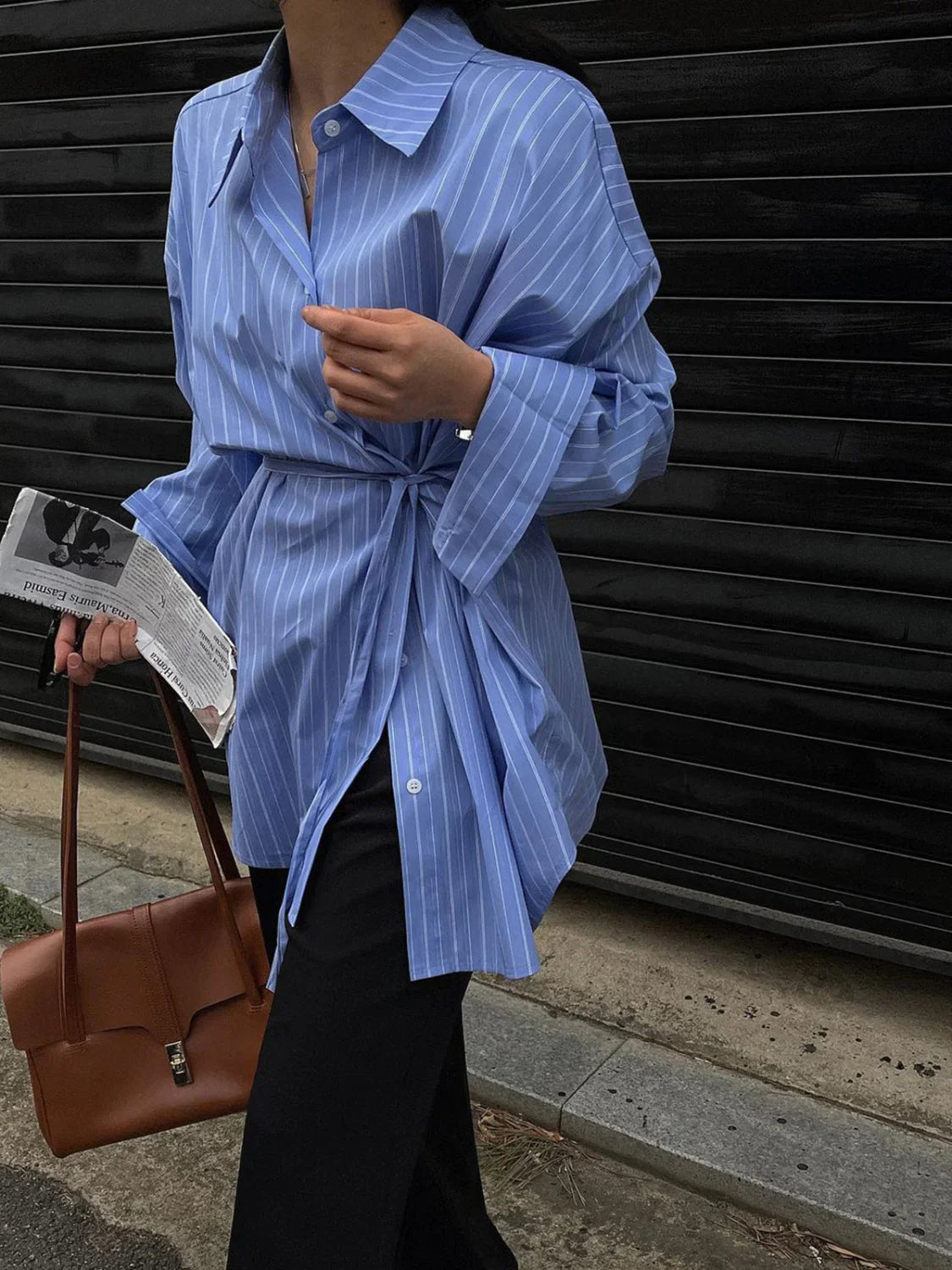 Striped Print Graceful Button Front Shirt Blue / XS Shirts