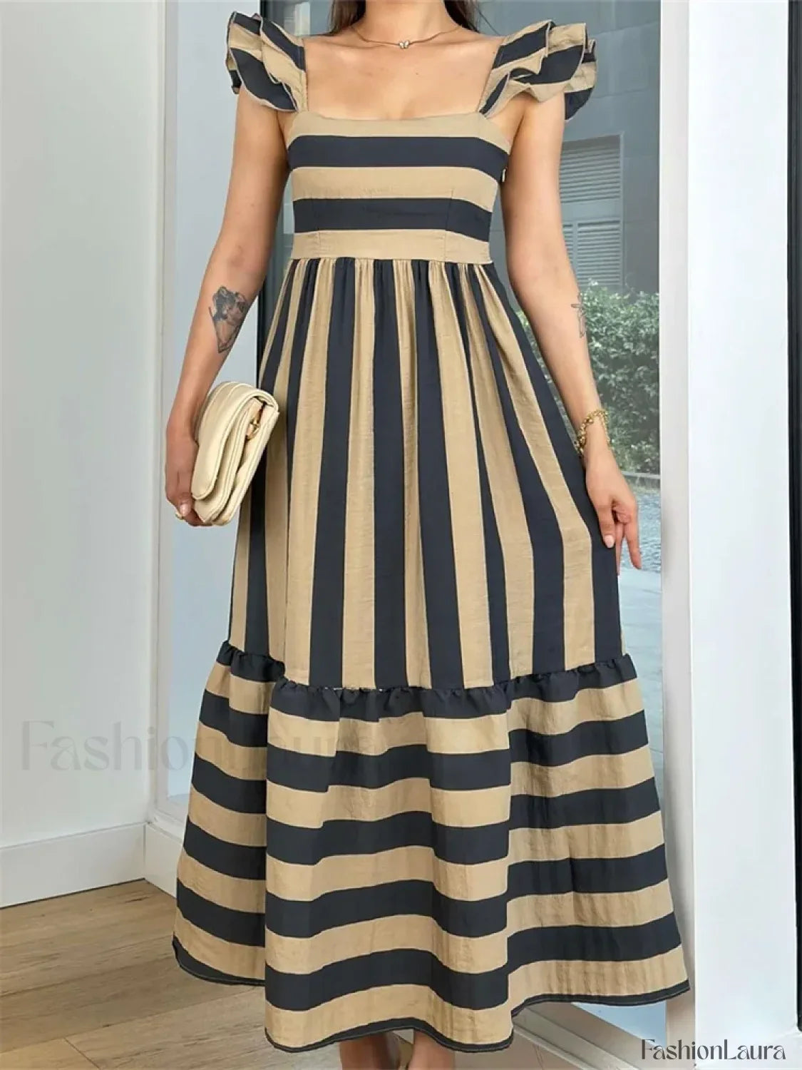Striped Ruffle A-Line Party Maxi Dress