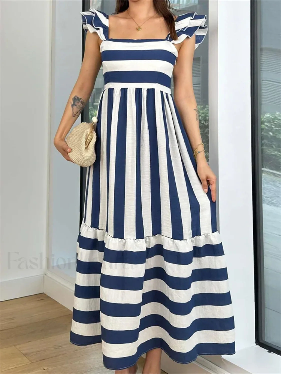 Striped Ruffle A-Line Party Maxi Dress