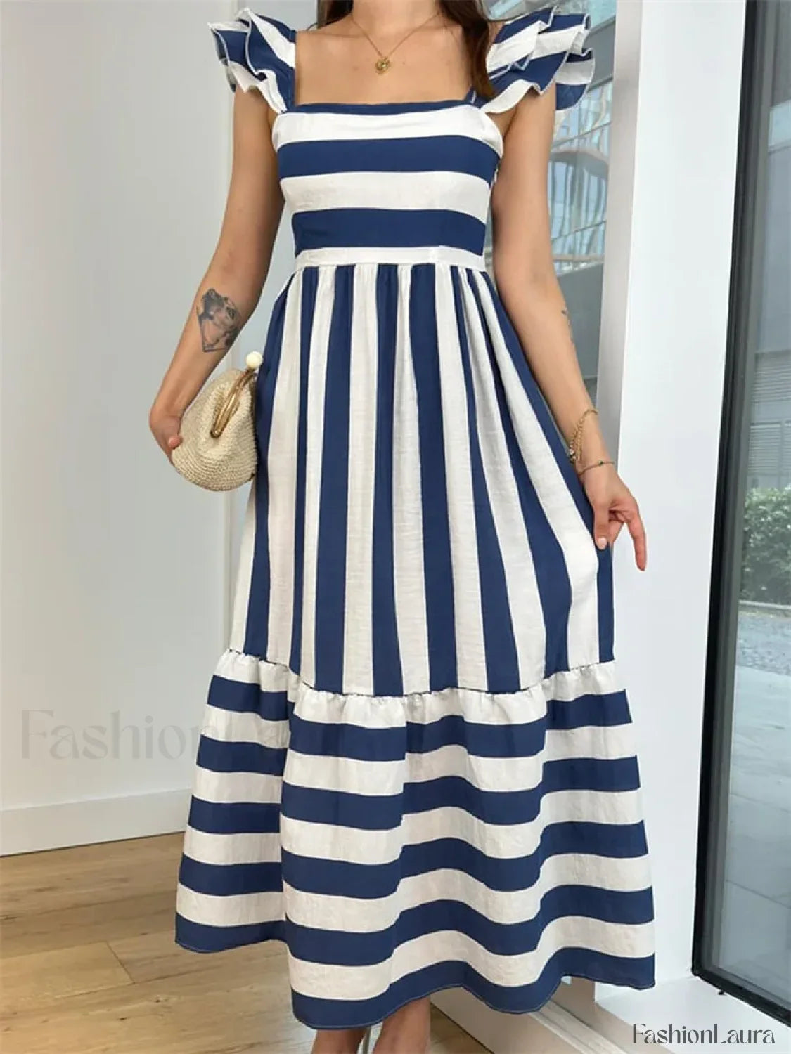 Striped Ruffle A-Line Party Maxi Dress