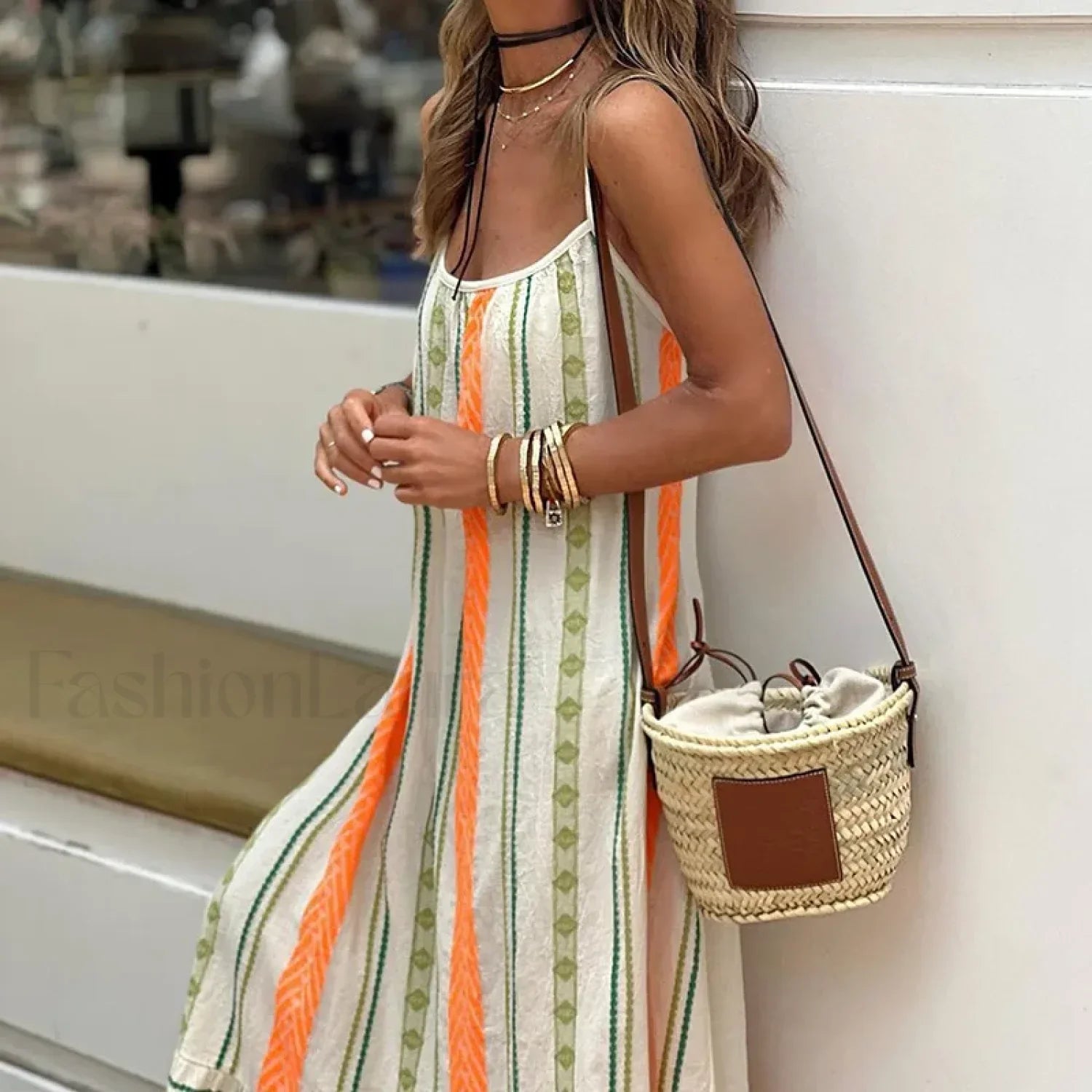 Striped Spaghetti-Strap Boho Dress