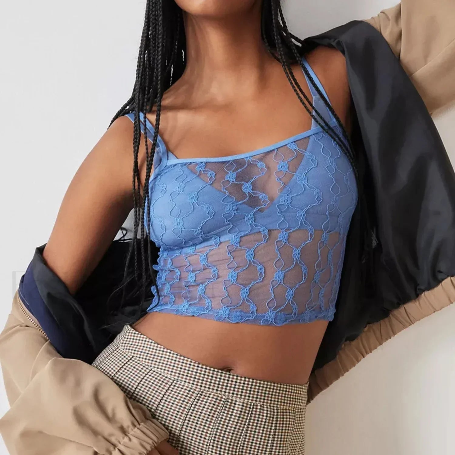 Striped Square-Neck Mesh Crop Top