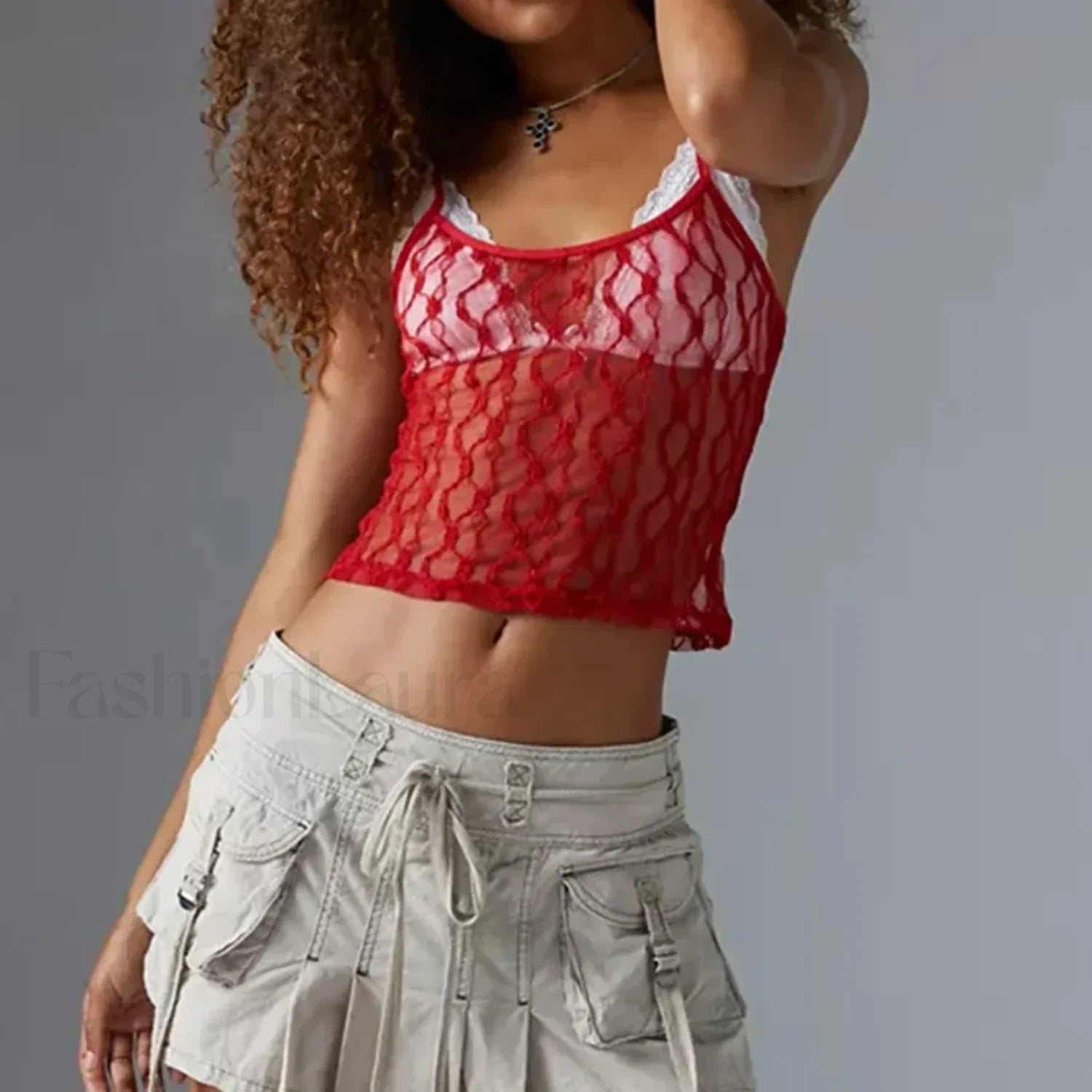 Striped Square-Neck Mesh Crop Top