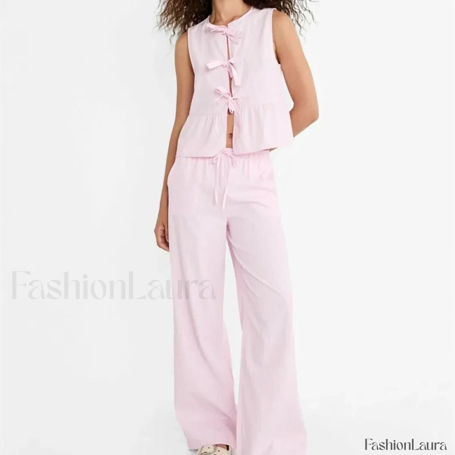 Striped Tie-up T-shirt Elastic Waist Pants Two Piece Set