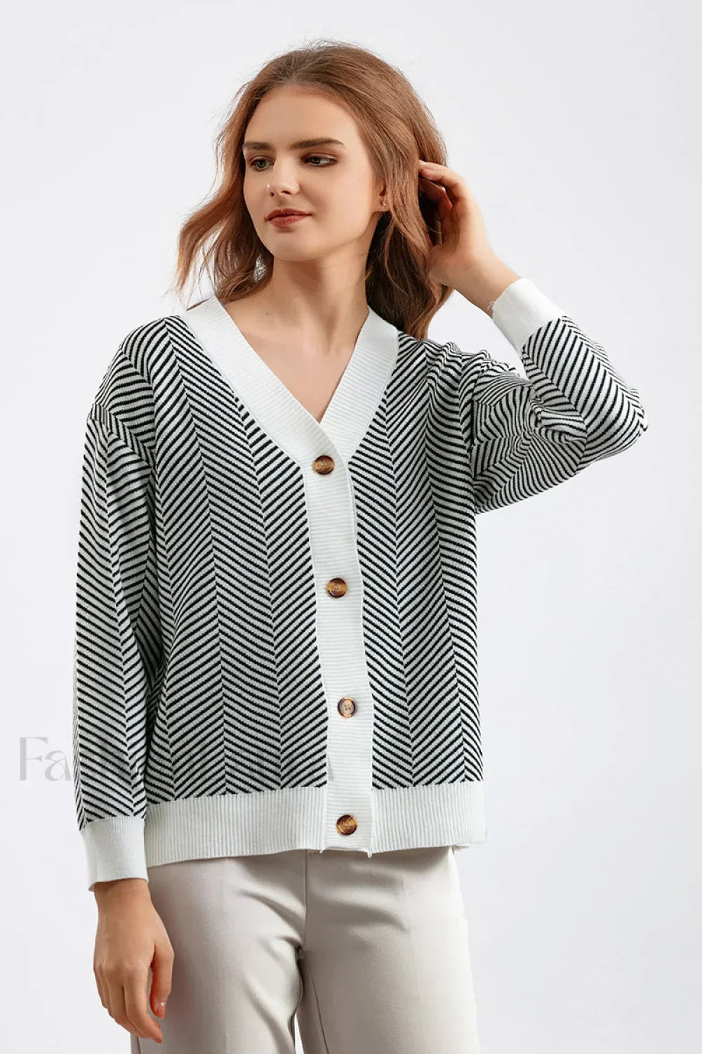 Striped V-Neck Buttoned Knit Sweater