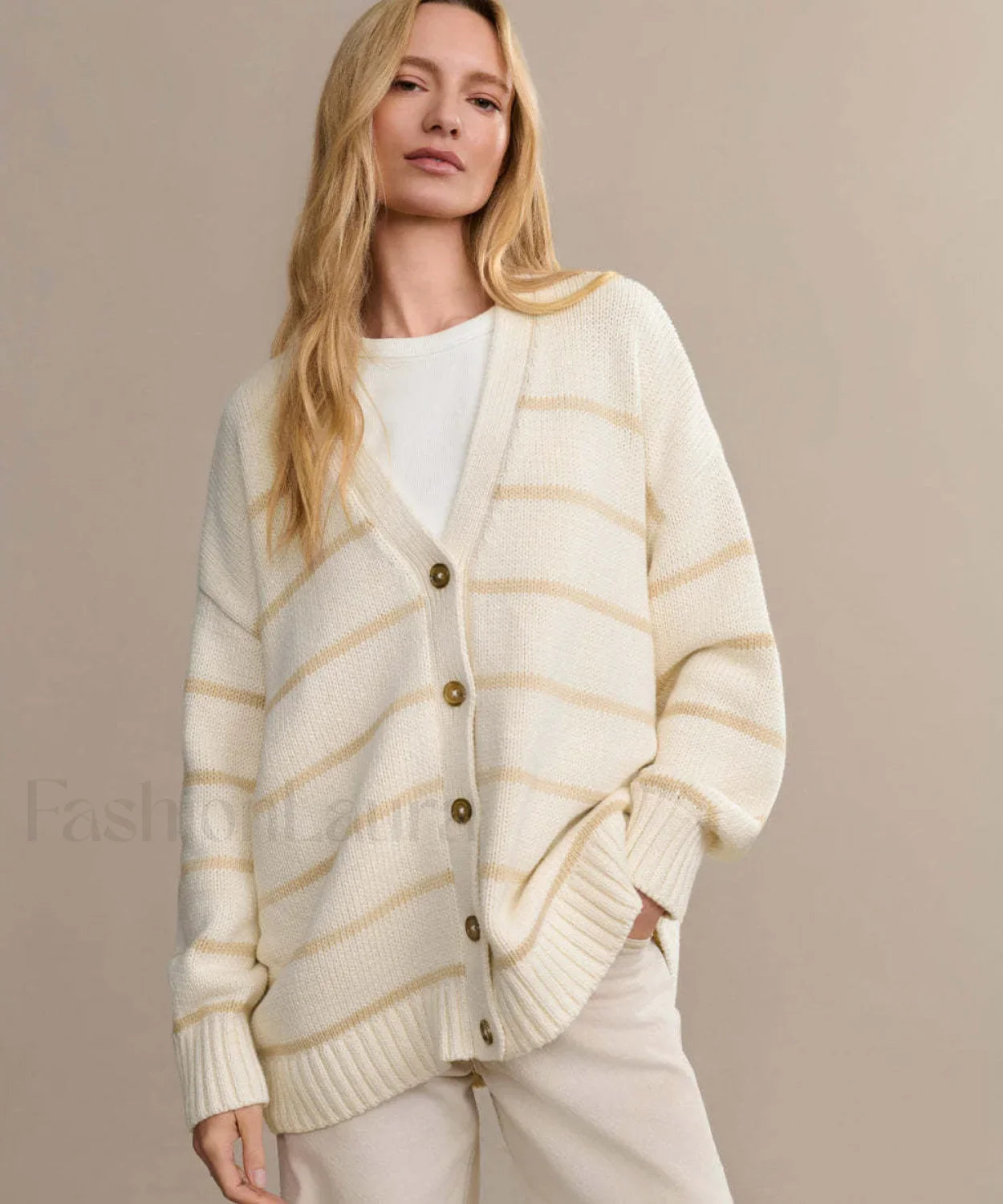 Striped V Neck Knit Cardigan Beige / S