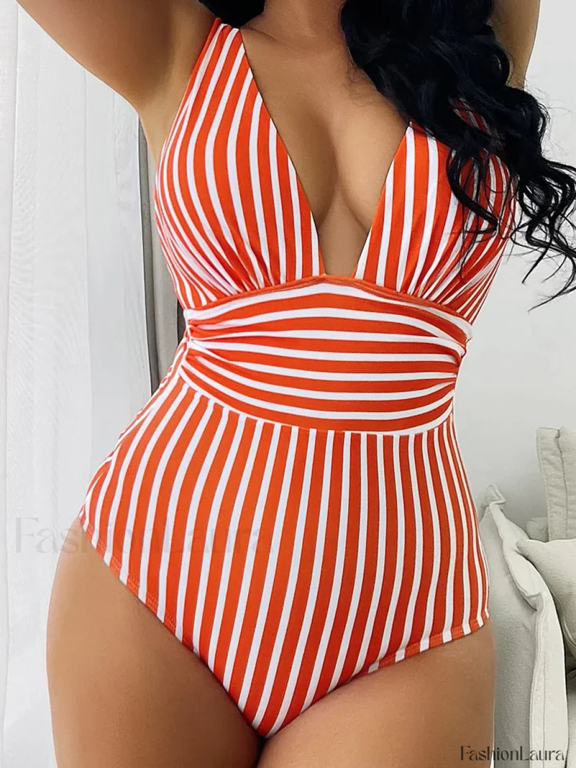Striped V Neck One Piece
