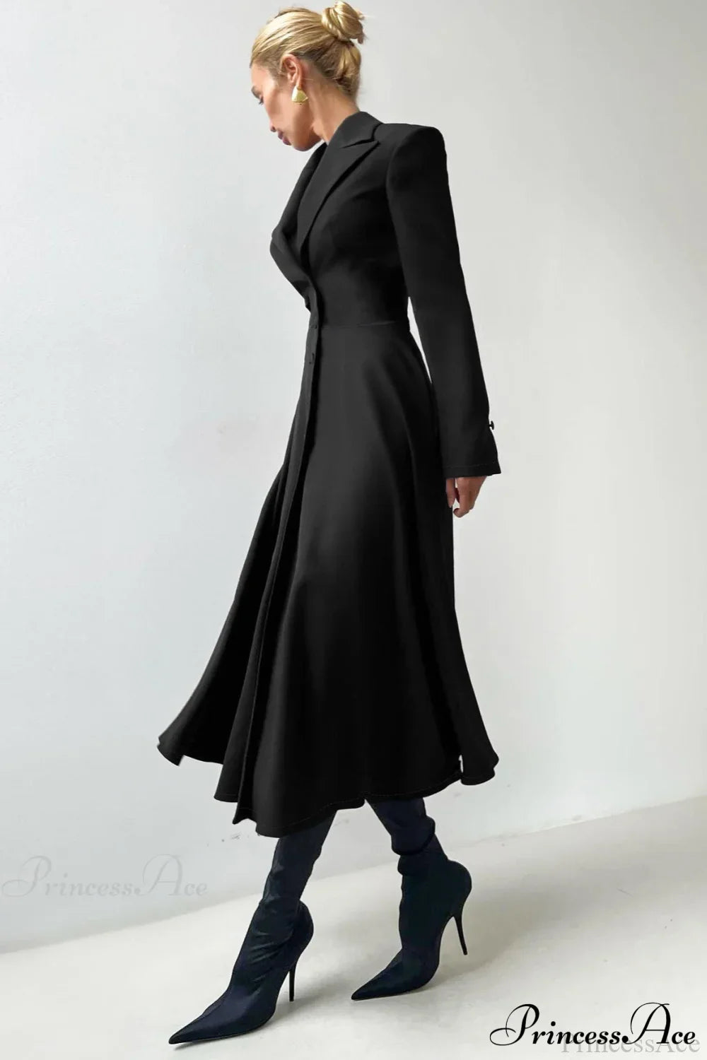 Structured Shoulder Solid Blazer Elegant Maxi Dress Black / S