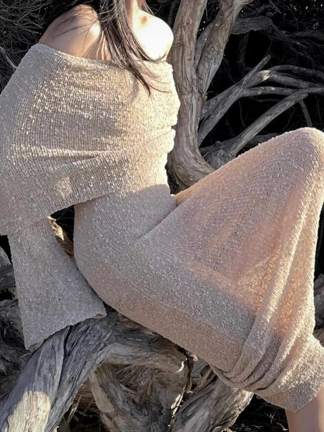 Stylish Knitted Sheer Beach Hollow Out Off-Shoulder Elegant Long Sleeve Maxi Dress