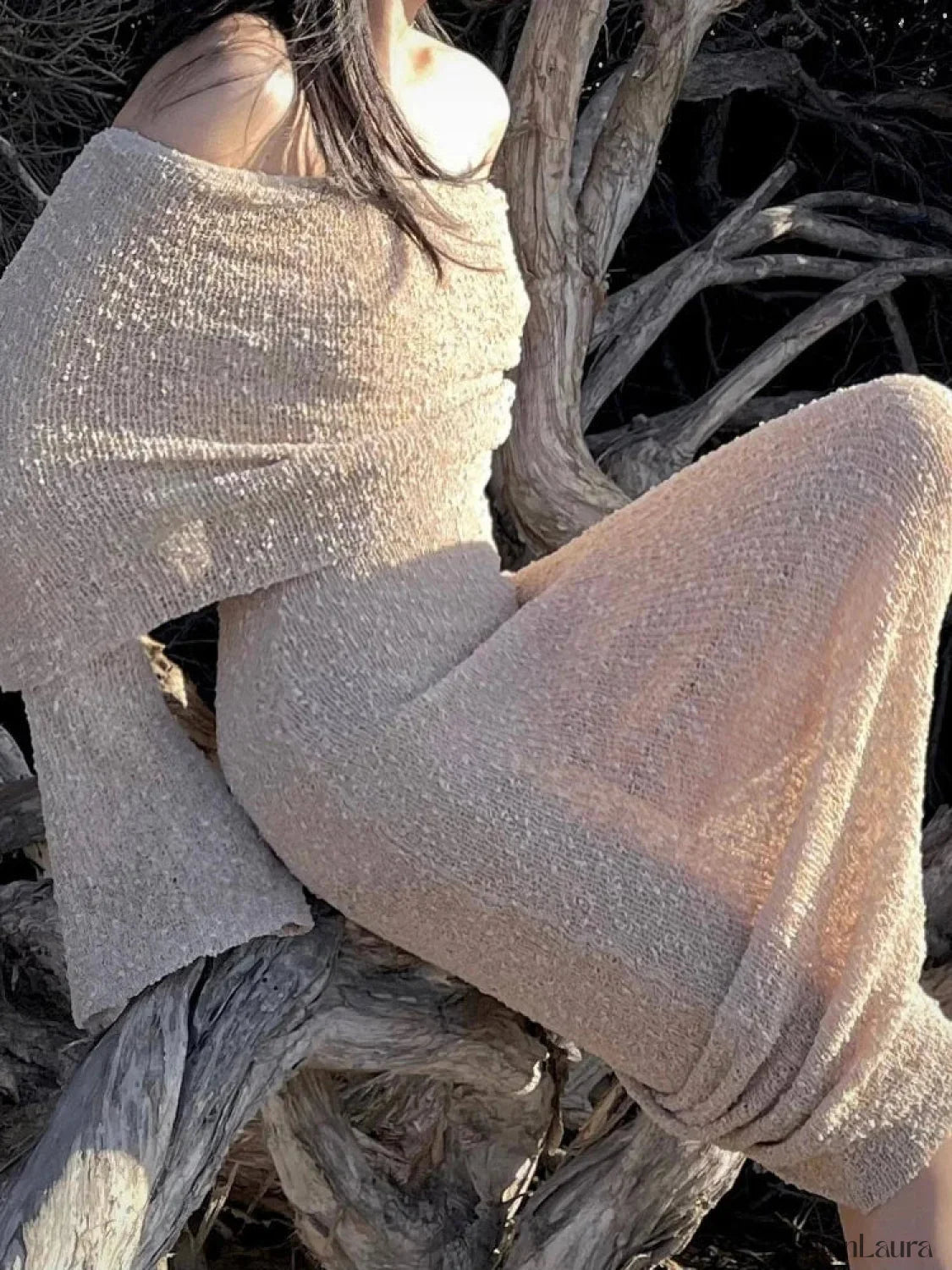 Stylish Knitted Sheer Beach Hollow Out Off-Shoulder Elegant Long Sleeve Maxi Dress