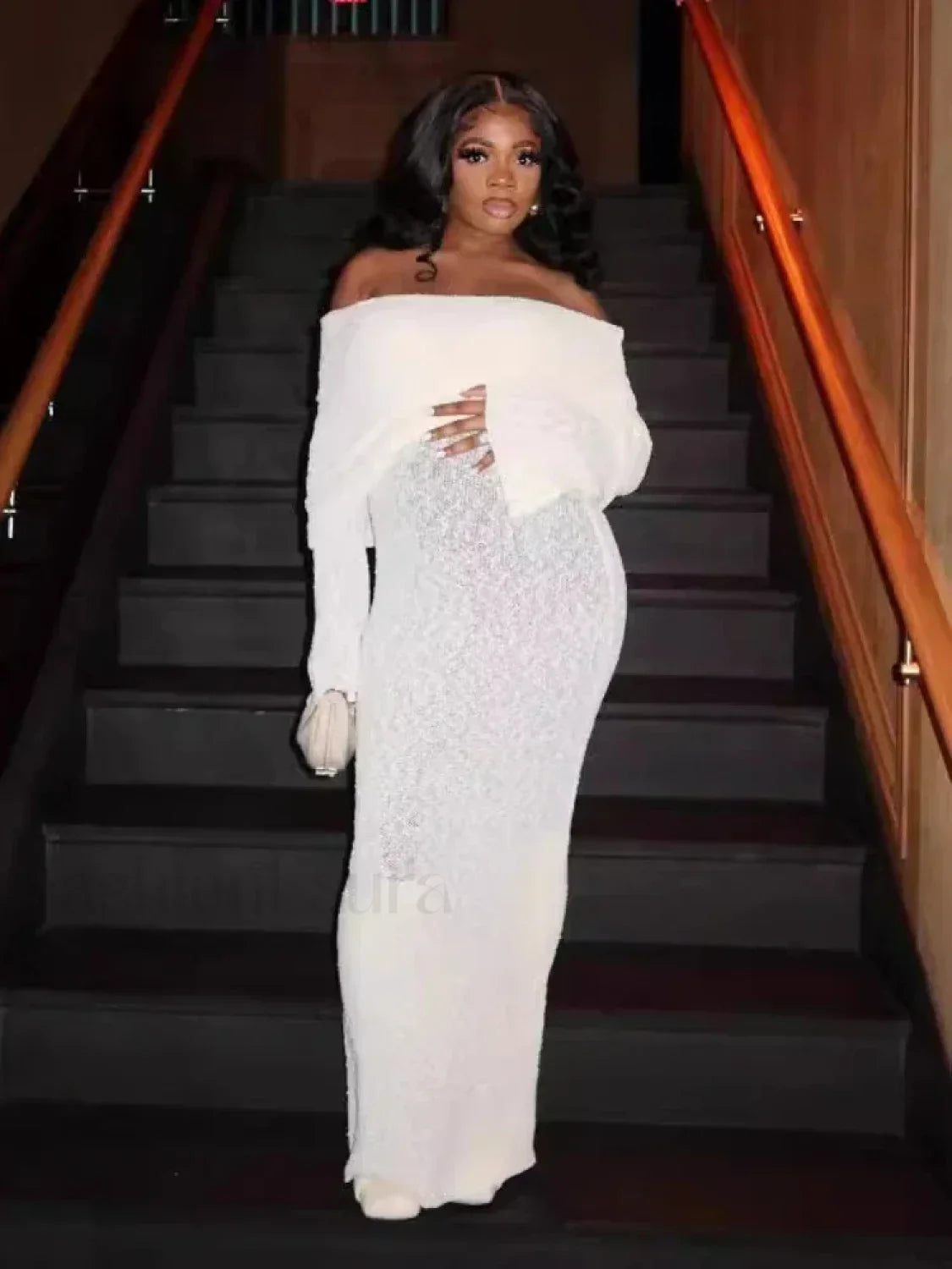 Stylish Knitted Sheer Beach Hollow Out Off-Shoulder Elegant Long Sleeve Maxi Dress