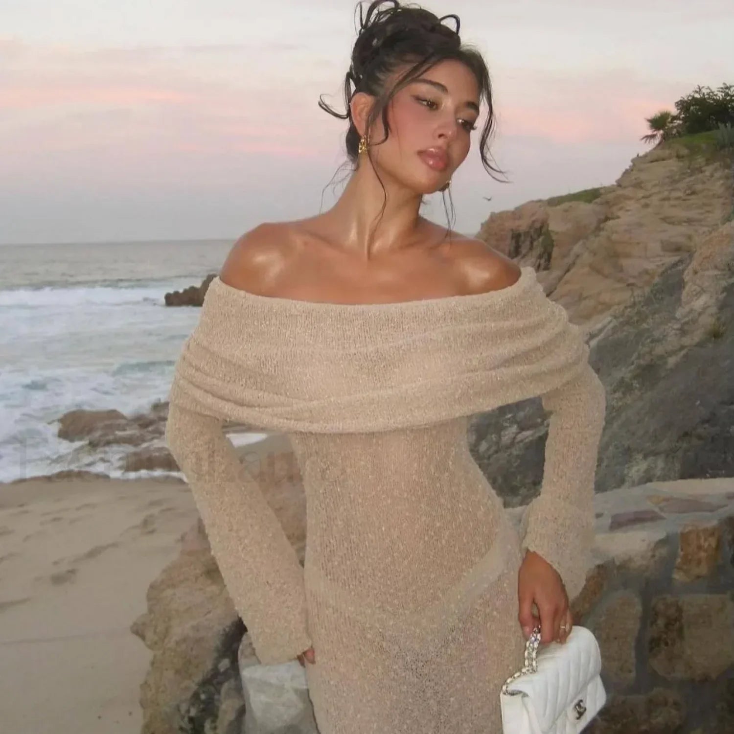 Stylish Knitted Sheer Beach Hollow Out Off-Shoulder Elegant Long Sleeve Maxi Dress