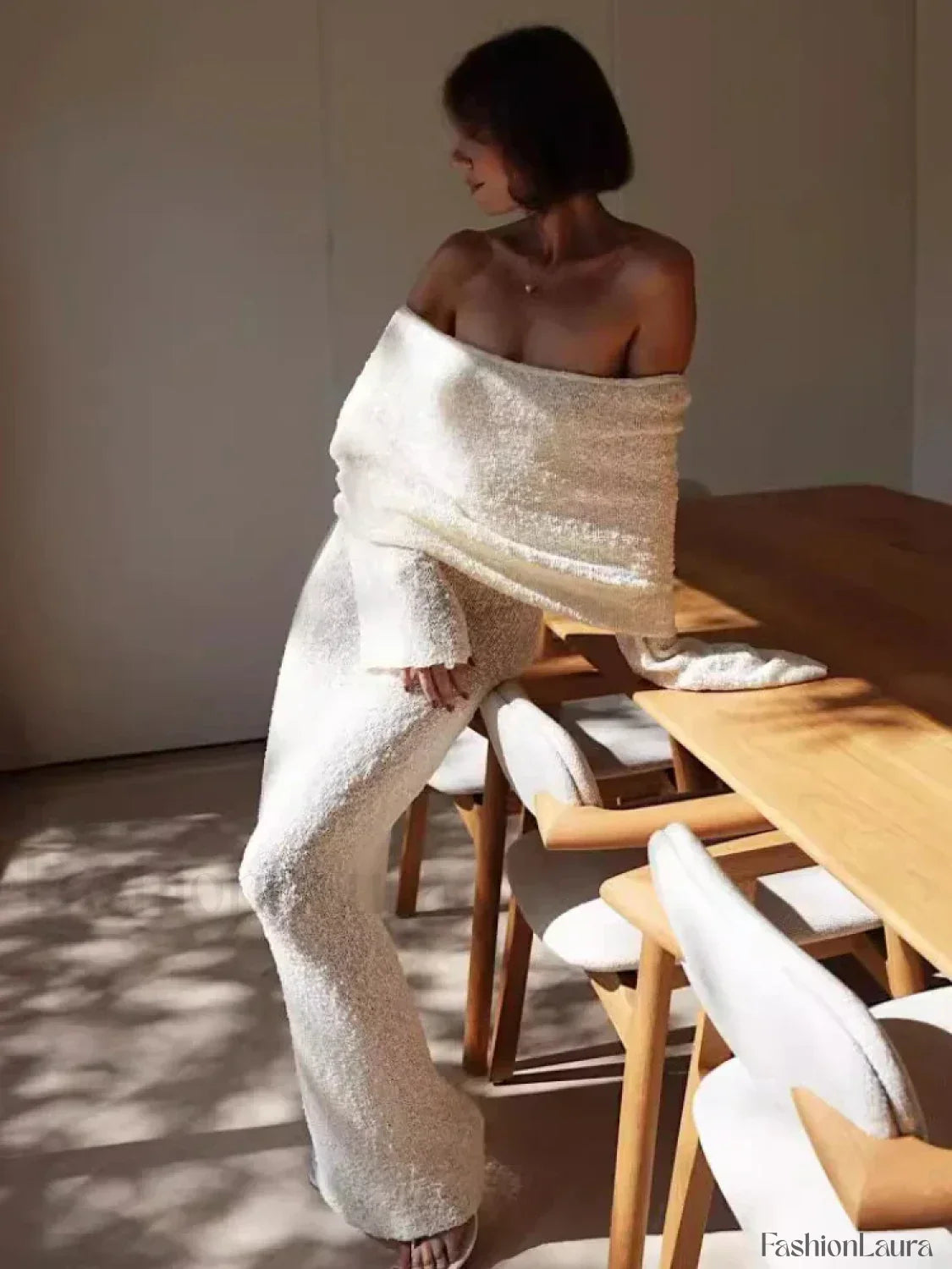 Stylish Knitted Sheer Beach Hollow Out Off-Shoulder Elegant Long Sleeve Maxi Dress