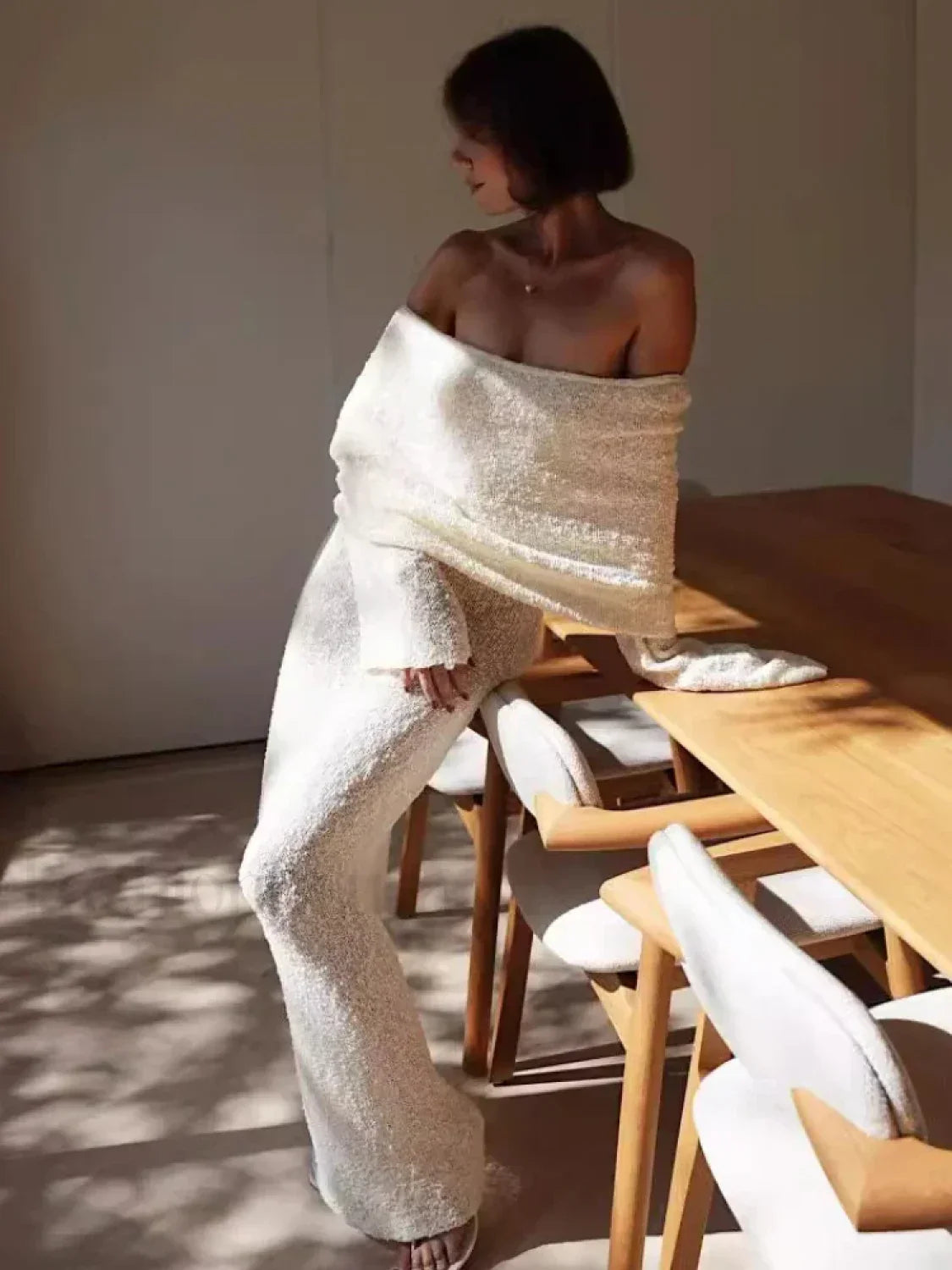 Stylish Knitted Sheer Beach Hollow Out Off Shoulder Elegant Long Sleeve Maxi Dress White / S