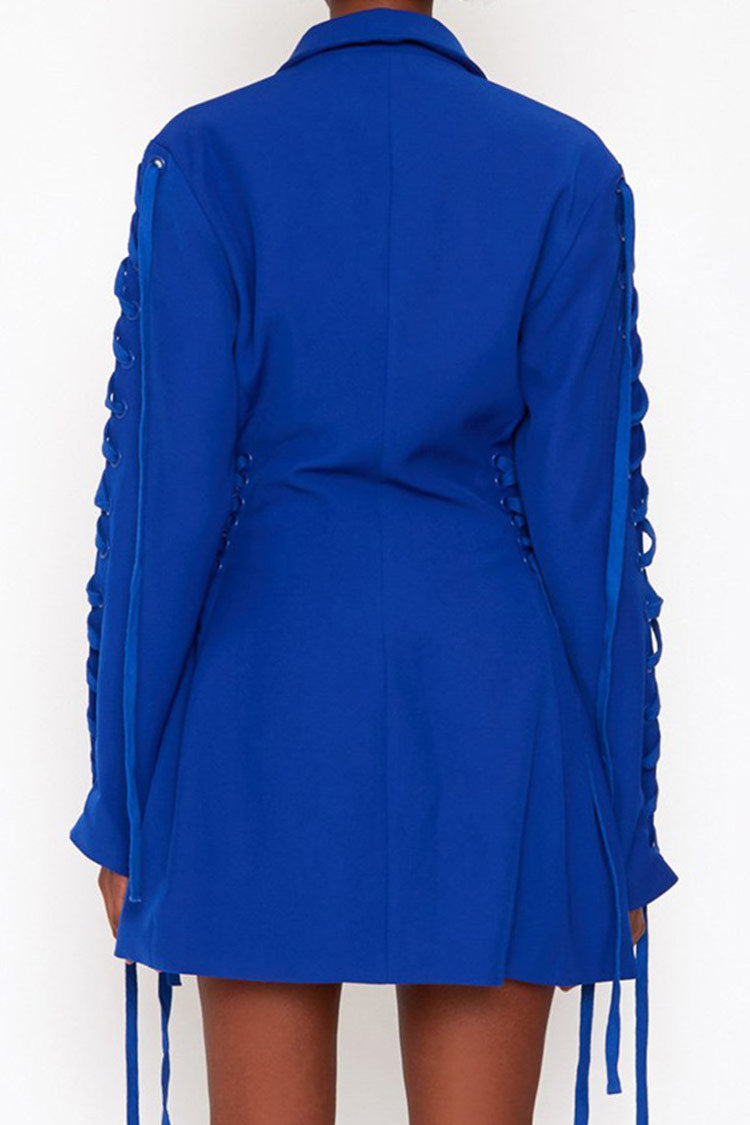 Lapel Long Sleeve Lace Up Side Button Front Blazer Mini Dress 4