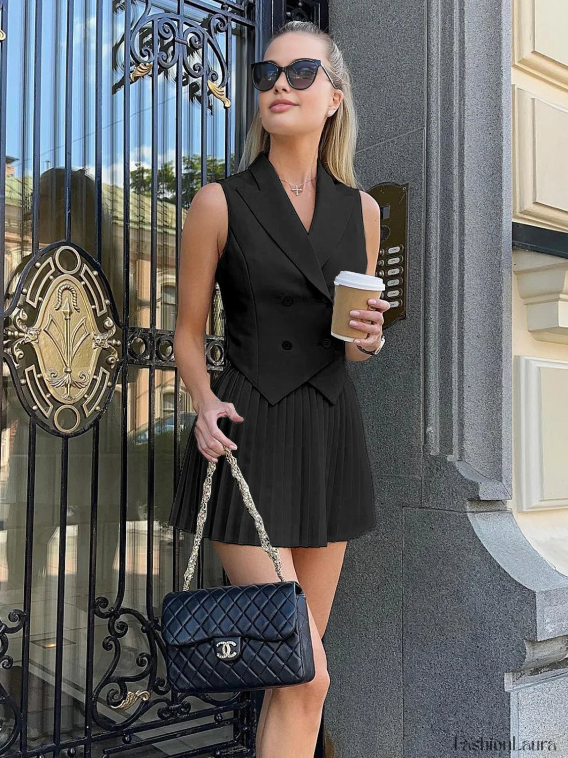 Suit Waistcoat With Pleated Mini Skirt Set