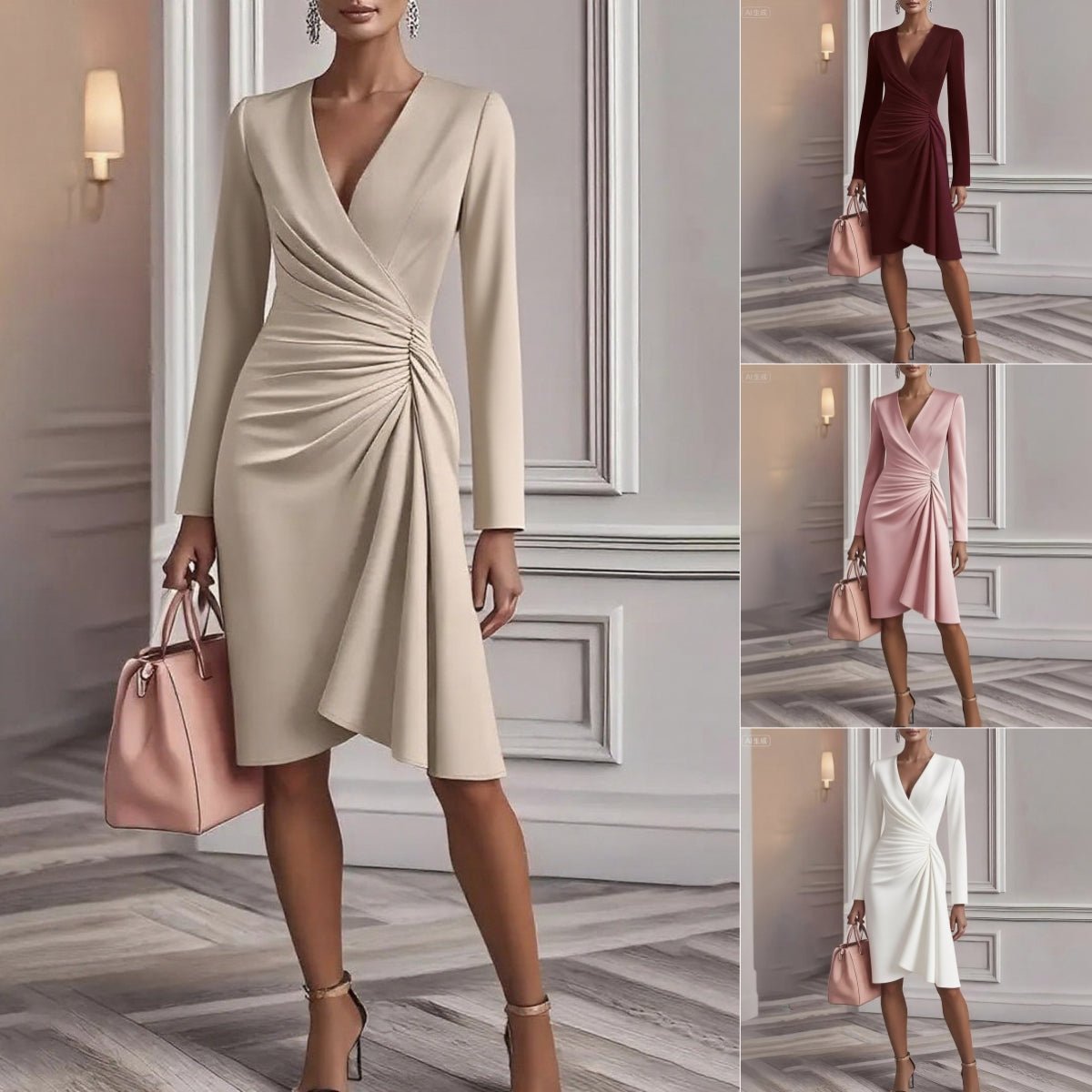 V-Neck Long Sleeve Ruched Wrap Midi Dress