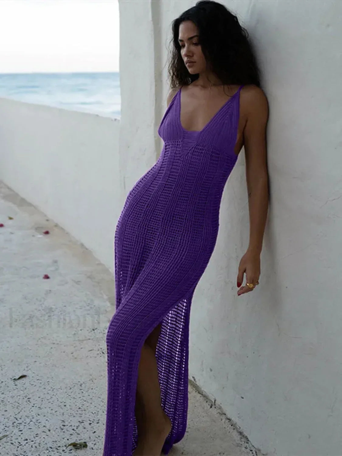 Summer Beach Crochet Maxi Hollow Out Cover-Ups Bodycon V Neck Knitted Long Club Party Streetwear Dress
