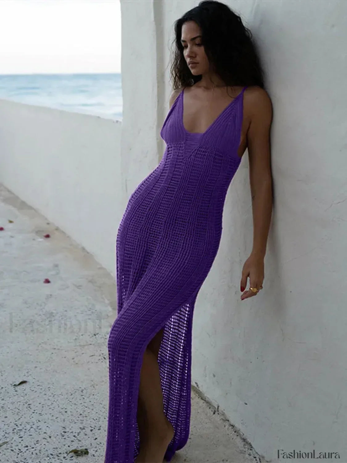 Summer Beach Crochet Maxi Hollow Out Cover-Ups Bodycon V Neck Knitted Long Club Party Streetwear Dress