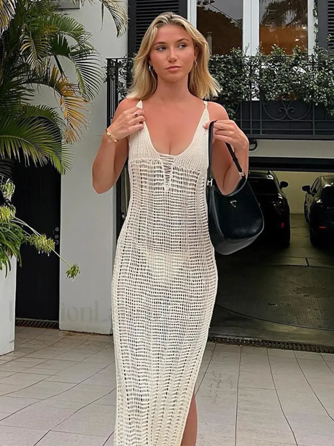Summer Beach Crochet Maxi Hollow Out Cover Ups Bodycon V Neck Knitted Long Club Party Streetwear Dress WHITE / S