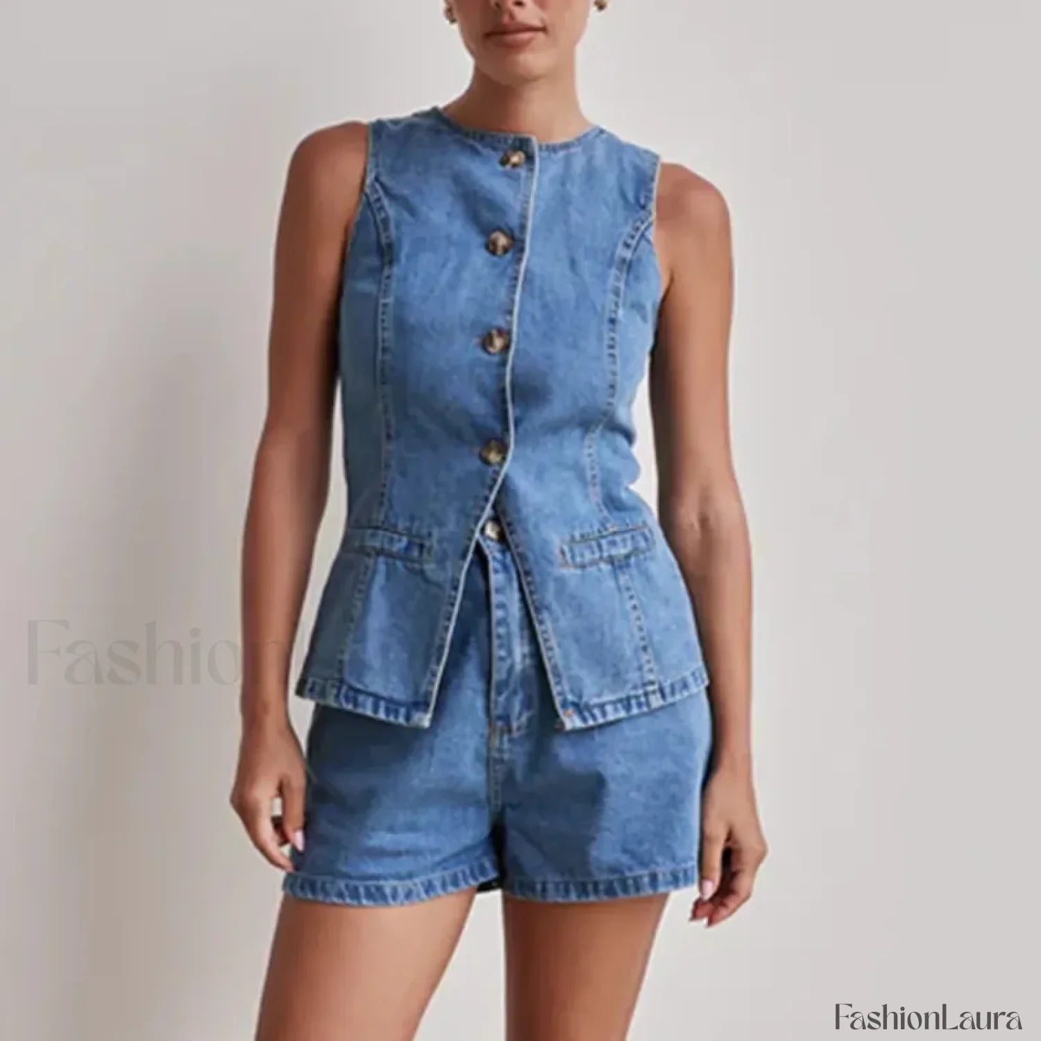 Summer Button Denim Tank Top Elastic Shorts Two Piece Set