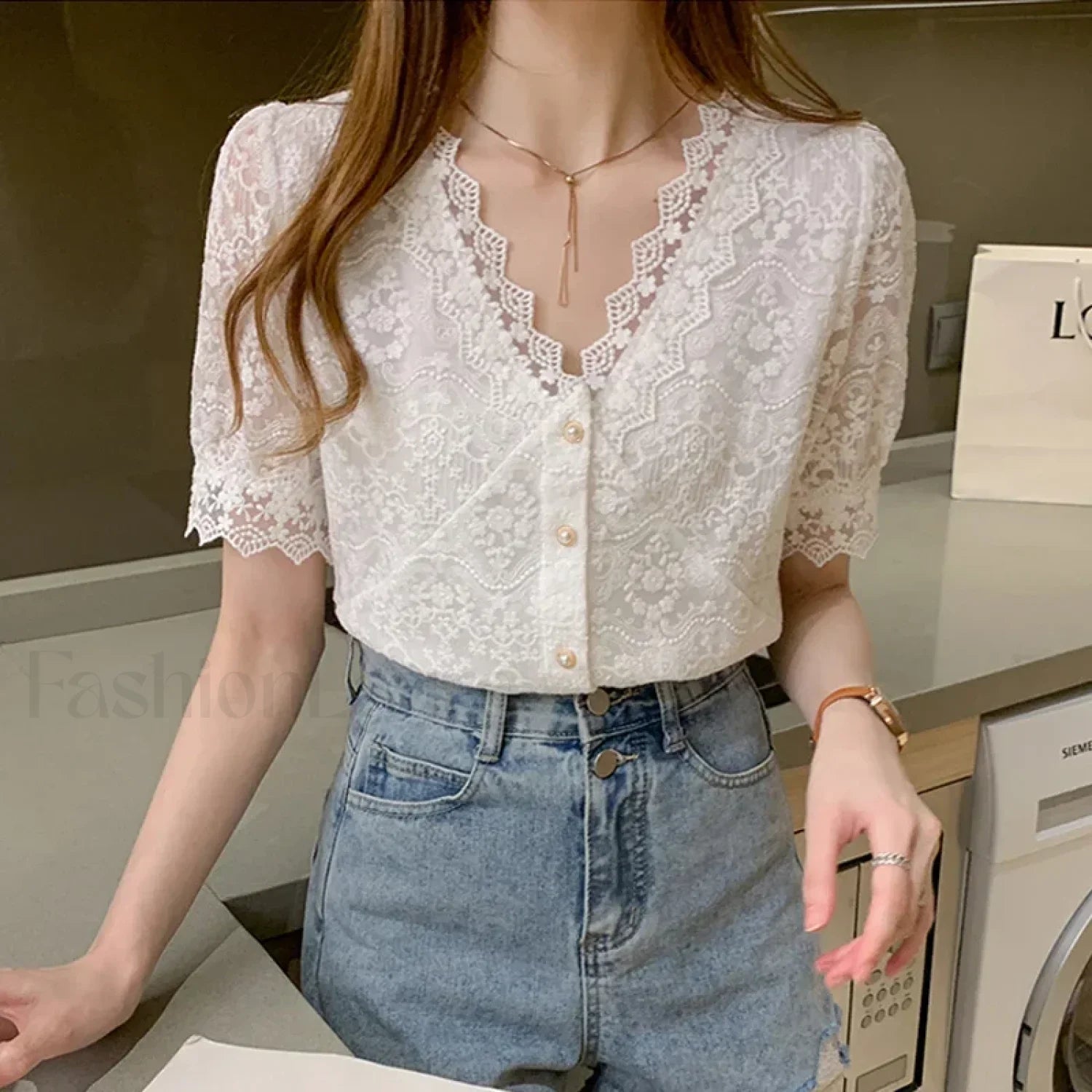 Summer Korean Lace Short-sleeved Top Blouse