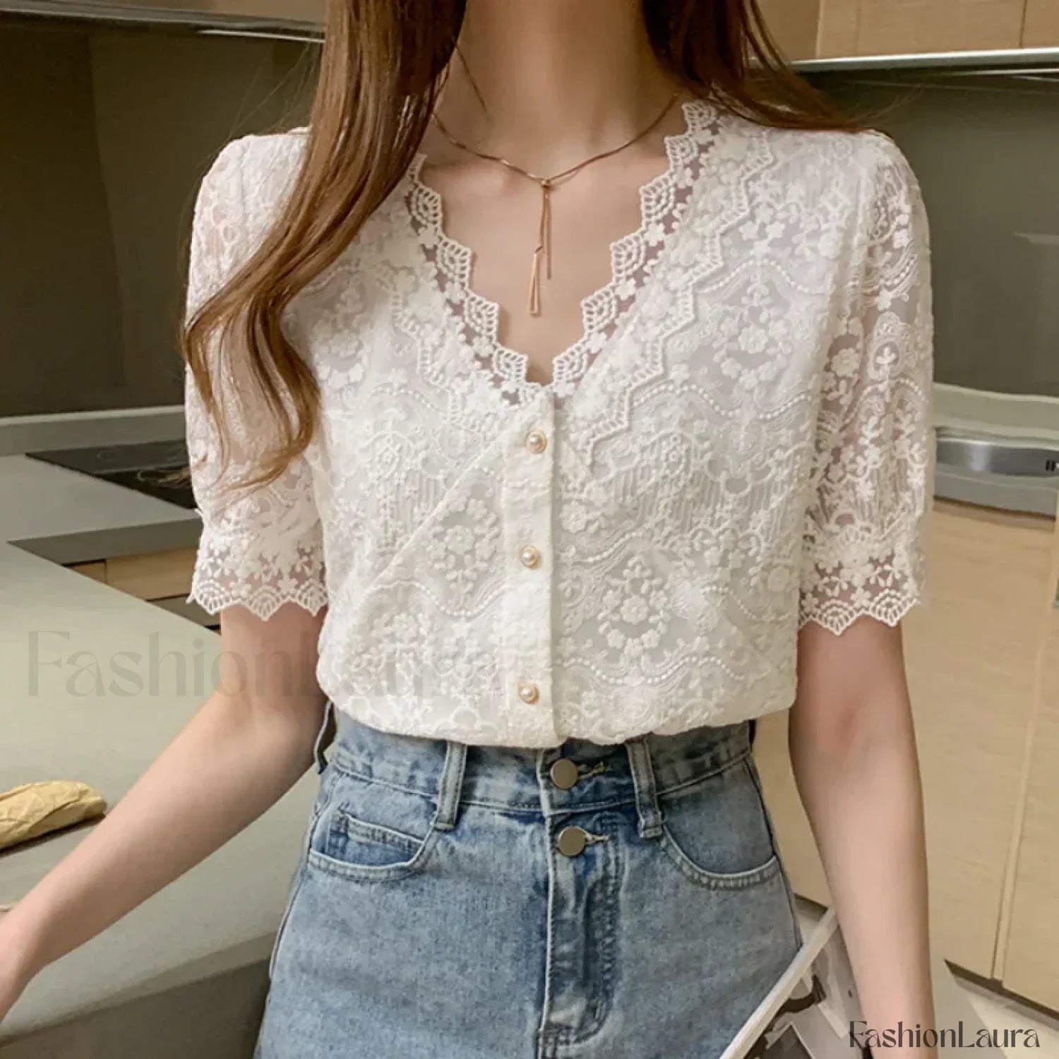 Summer Korean Lace Short-sleeved Top Blouse